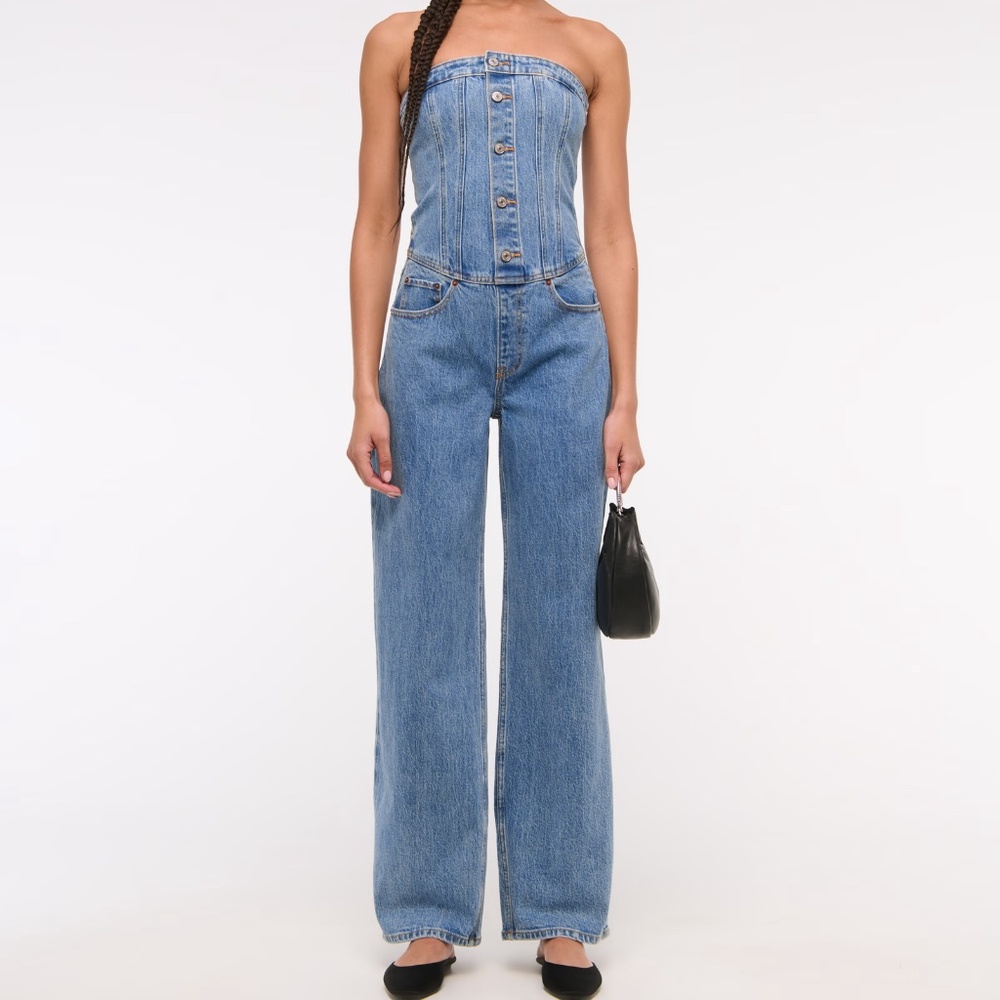 Abercrombie & Fitch Strapless Denim Dipped Waist Jumpsuit Womens MED Corset Y2K